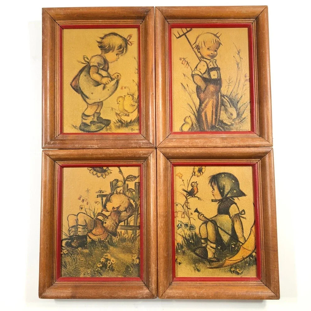 Lot of 4 Bonnie Belgium Signed Framed Drawings of Children Yellow 8